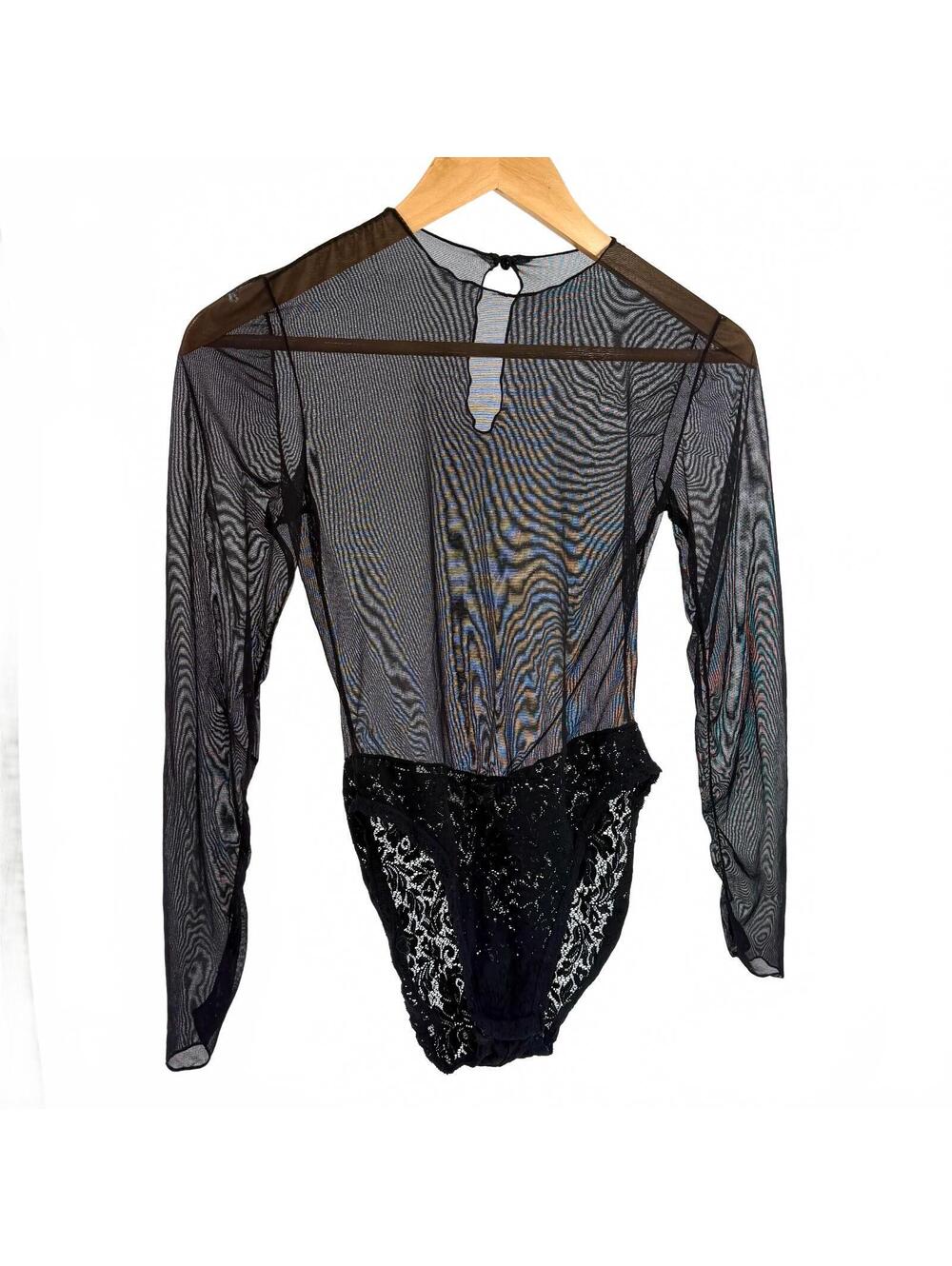 Vintage 80s Guy Laroche Black Sheer Mesh Lace Bodysuit